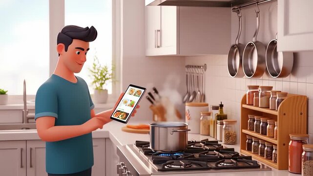 3d illustration of a 3d rendered cartoon man using a tablet for cooking recipes in a modern kitchen, preparing a healthy meal with culinary ingredients for a family dinner