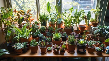 Indoor Oasis, A Diverse Collection of Potted Plants Bathed in Sunlight