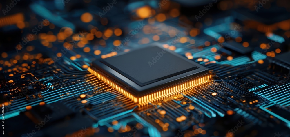 Poster the microchip surrounded by glowing circuitry on a modern circuit board