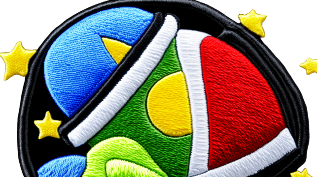 Colorful embroidered patch featuring outer space theme with stars