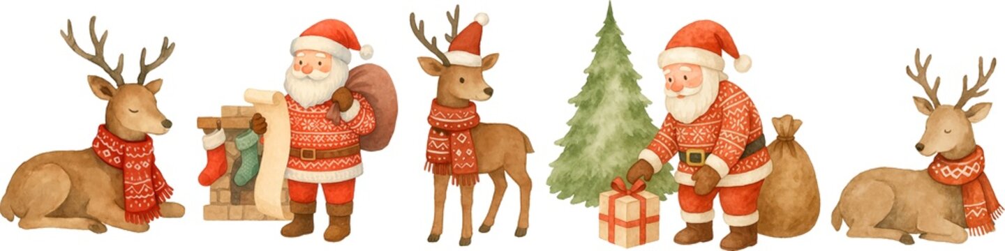 Holiday watercolor PNG set featuring Santa Claus, reindeer, Christmas tree, fireplace, stockings, gifts. Cozy watercolour minimal illustration for cards, decorations, winter scenes.