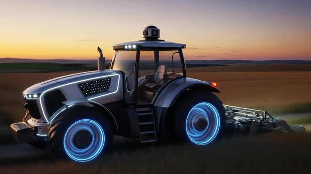 Futuristic autonomous tractor with glowing blue wheels tilling a golden field at sunset for modern agriculture technology footage.