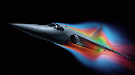 Jet aircraft with colorful airflow visualization in dark background showing aerodynamic design and speed