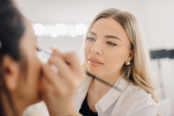 Professional makeup artist applying eyeshadow to client in beauty salon