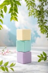 Pastel cubes with leaves and flowers stacked cubes