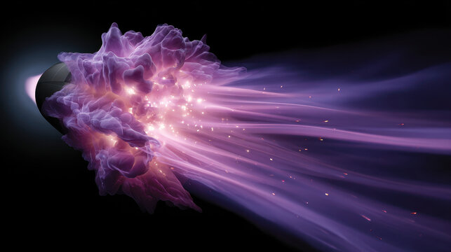 Purple glowing plasma stream emitting from dark spherical object with bright sparks and flowing energy trails in space
