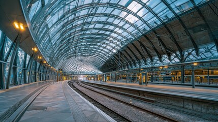 Modern train station interior with curved glass roof and empty tracks and platforms
