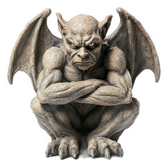 Fototapeta premium Front view of a guardian gargoyle with a stoic expression and crossed arms isolated on a white transparent background