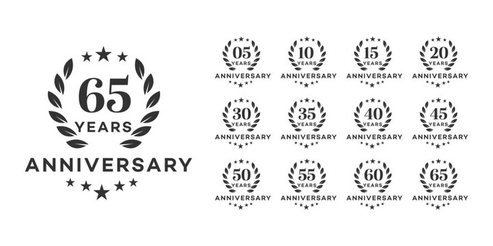 Anniversary Laurel Wreath Logos  5, 10, 15, 20, 30, 35, 40, 45, 50, 55, 60, 65 Years Design Set