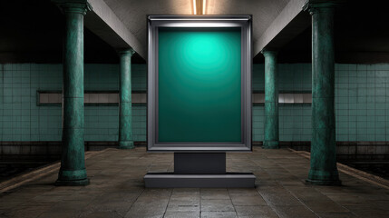 Green illuminated blank billboard in underground station with marble columns and tiled walls