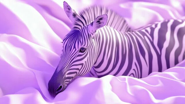 A zebra lying down on a soft, white blanket with its eyes closed, giving an impression of tranquility and relaxation.