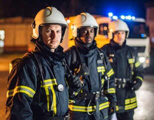 Three firefighters in uniform stand at night, before an emergency vehicle, looking directly at the camera