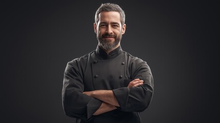Confident chef with crossed arms radiating culinary expertise and professionalism in studio portrait