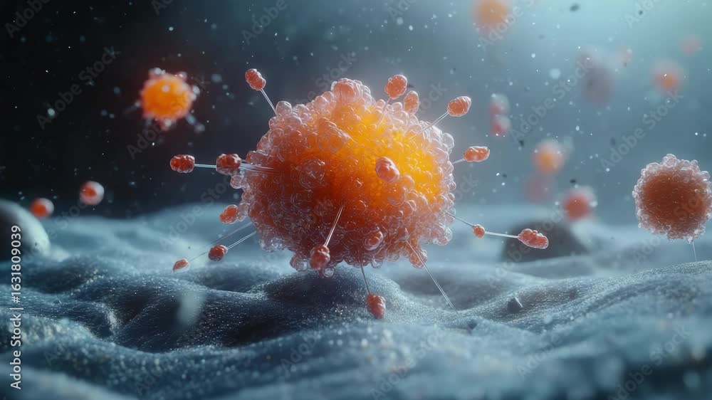 Poster close-up of viral particles engulfing a cell, depicting the process of infection. microscopic struct