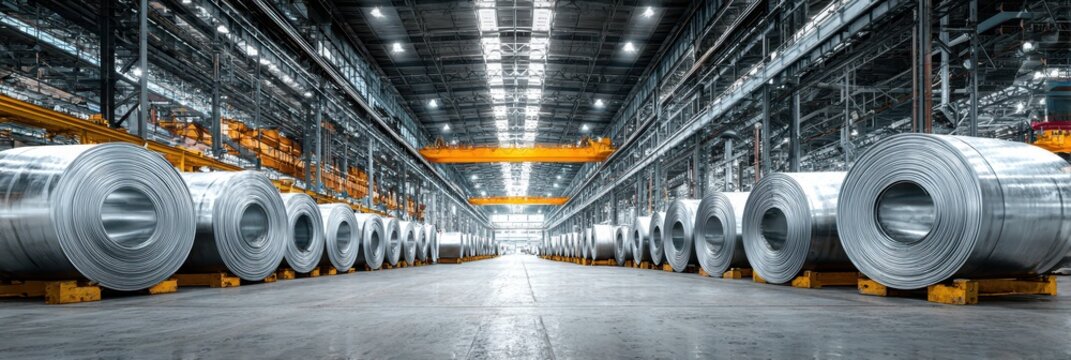 Large industrial warehouse showcasing rolled metal sheets in well-lit manufacturing facility - Powered by Adobe