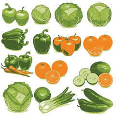 A vibrant, detailed vector illustration set of assorted fresh fruits and vegetables for healthy eating concepts.