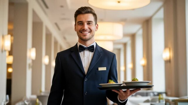 A handsome waiter smiling confidently holding a tray of food, providing hospitality service in a fancy restaurant, professional service footage.