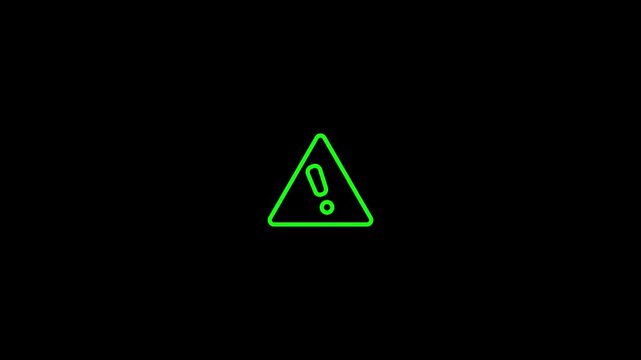 glow neon hazard triangle exclamation animation for Cyber warning, caution symbol for security risk notice motion graphic alert sign on black background for safety content and tech videos