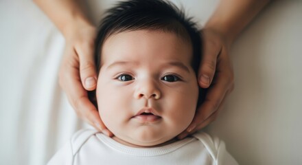 Close up portrait of a beautiful baby being held by loving parents with gentle hands showing care and affection