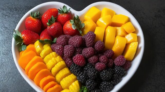Vibrant fruit bowl with strawberries, raspberries, blackberries, mangoes and pineapple in a white bowl on gray table.