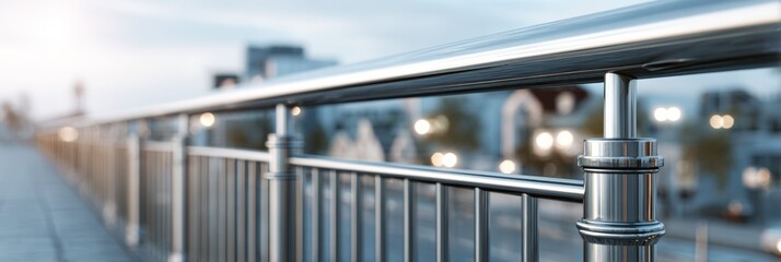 City skyline view at dusk from metallic railing with blurred buildings and lights in the background