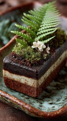 Layered chocolate cake, adorned with moss and ferns