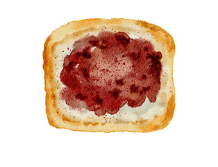 Watercolor painting of a slice of toast with a spread, likely red jam or preserves