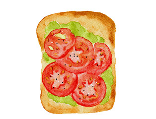 A slice of toast with fresh-looking slices of tomato and green avocado in watercolor style