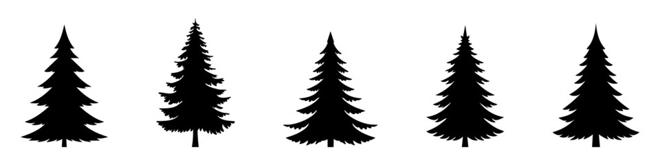 Set of Coniferous Tree templates in solid style. Black forest silhouettes variations. Pine, spruce, fir, labels. Isolated on white background