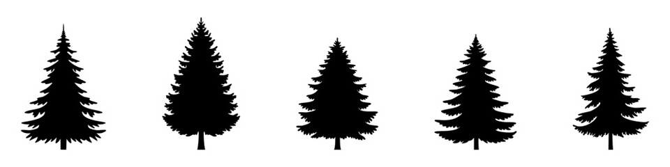 Set of Coniferous Tree templates in solid style. Black forest silhouettes variations. Pine, spruce, fir, labels. Isolated on white background