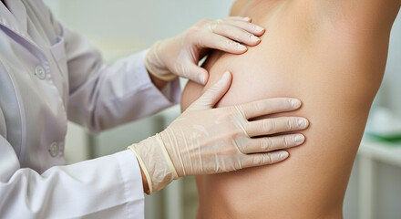 Obraz premium Doctor in lab coat examining patient's breast with gloved hands in a clinical setting for health check