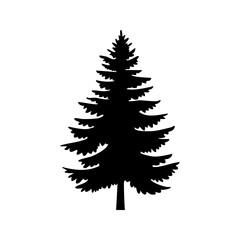 Coniferous Tree templates in solid style. Black forest silhouettes variations. Pine, spruce, fir, labels. Isolated on white background.