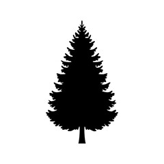 Coniferous Tree templates in solid style. Black forest silhouettes variations. Pine, spruce, fir, labels. Isolated on white background.