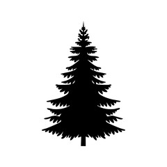 Coniferous Tree templates in solid style. Black forest silhouettes variations. Pine, spruce, fir, labels. Isolated on white background.