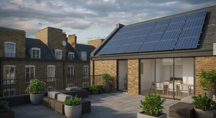 Modern rooftop terrace with solar panels on a sustainable urban building
