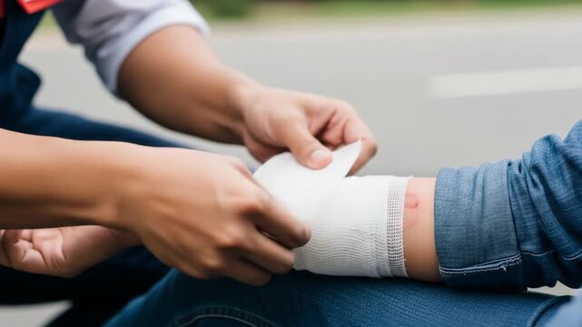First aid practitioner wrapping bandage around injured arm of woman. Emergency medical assistance and wound care video footage.