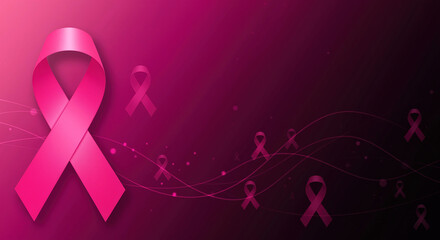 A pink breast cancer awareness ribbon on a pink background with smaller ribbons and abstract lines