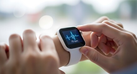 Person s hands interacting with a smartwatch displaying a health or fitness tracking interface