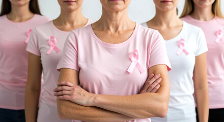 Group of women wearing pink shirts with pink ribbons supporting breast cancer awareness month event