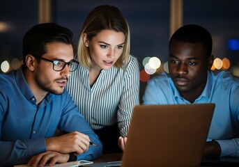 Diverse team collaborates intently on a laptop late at night
