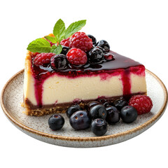 Delicious cheesecake slice with fresh raspberries, blueberries, and mint garnish on transparent background