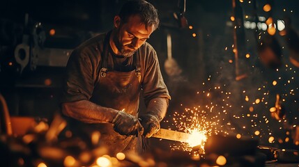 Man Working Metal with Sparks Flying in Dark Workshop