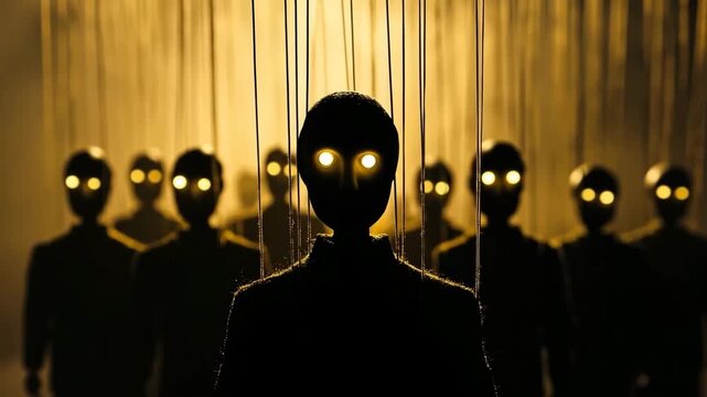 Political Metaphor of Puppet Control &ndash; Human-Like Figures on Strings with Glowing Eyes in Dark Stage, Moody Dolly Shot Symbolizing Manipulation and Loss of Free Will