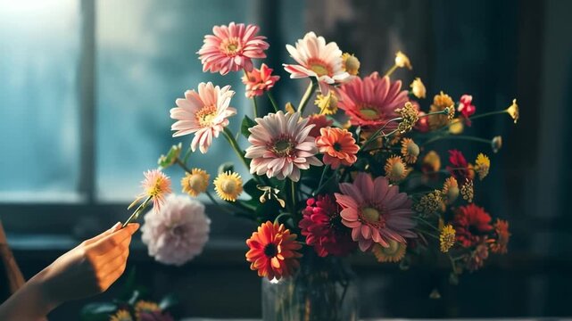 Woman Gently Picks Flower from Vase by Window &ndash; Slow Dolly Shot Revealing Face in Soft Natural Light, Cinematic Macro Close-Up of Floral Moment in Warm Intimate Scene