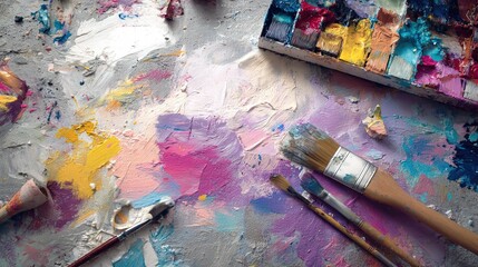 Obraz premium A vibrant artist's workspace featuring paint splatters, brushes, and a palette, showcasing the creative process in action.