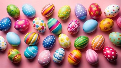Colorful decorated easter eggs on pink background