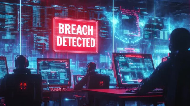 Cybersecurity Breach Detected in Futuristic Control Room with Flashing Alert and Scrolling Code &ndash; Cinematic Glitchy Zoom-In with Neon Red and Blue Light Effects