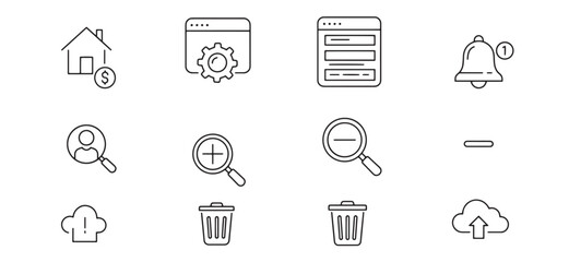 Collection of minimalist black and white interface icons for various web and mobile applications