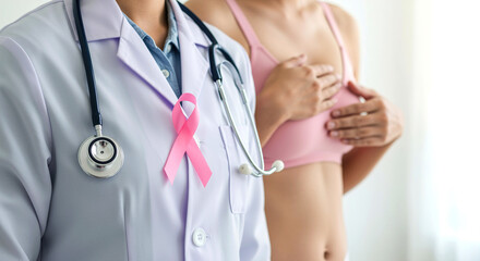 Doctor with pink ribbon and stethoscope assisting breast cancer awareness with patient checkup