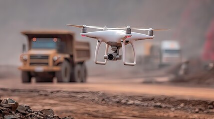 Drone in Action Over Mining Site with Heavy Machinery and Dusty Environment